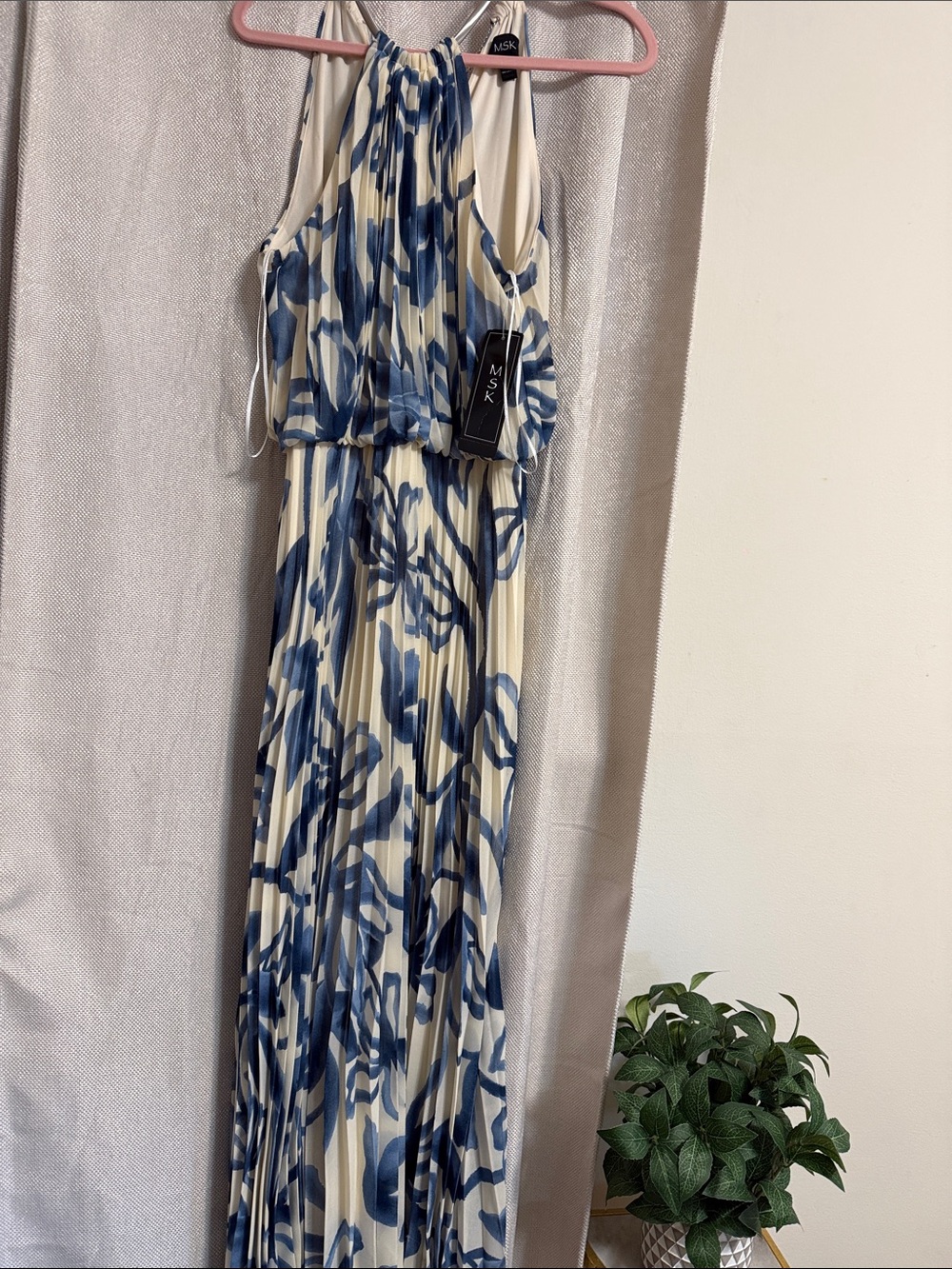 MSK Cream and Blue Pleated Halter Maxi Dress